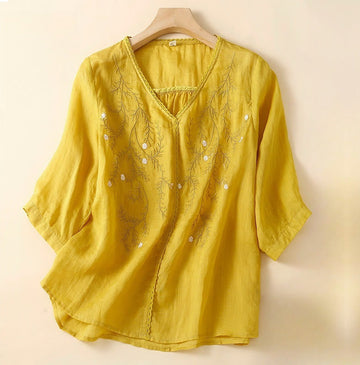 Relaxed V-Neck T-Shirt with Embroidered Floral Accents