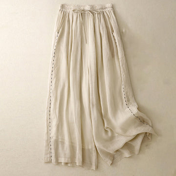 Flowing Wide-Leg Pants with Embroidered Detail and Drawstring Waist