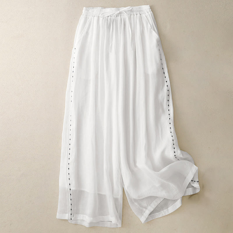 Flowing Wide-Leg Pants with Embroidered Detail and Drawstring Waist