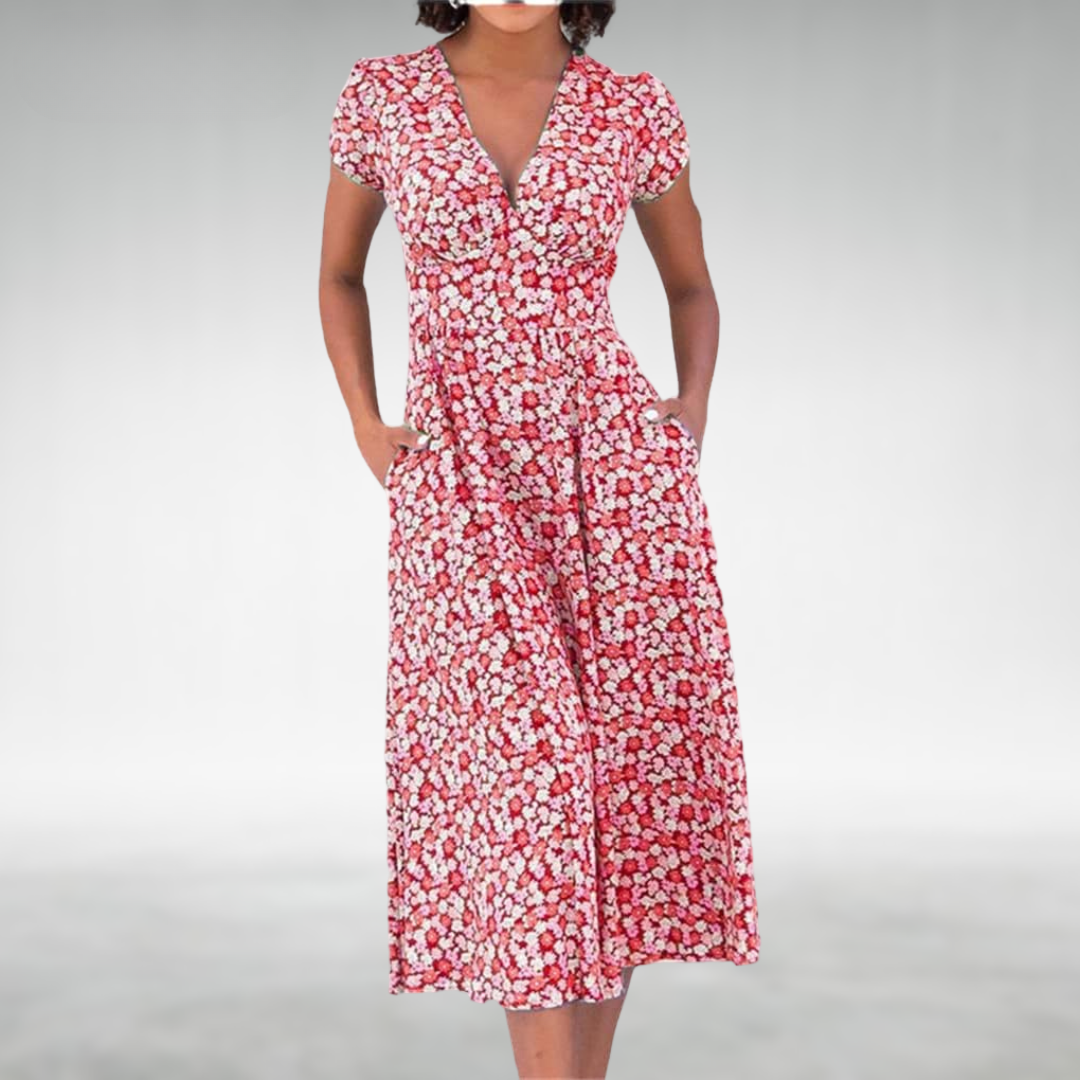 Flowing A-Line Midi Dress with Defined Waist and Delicate Floral Pattern