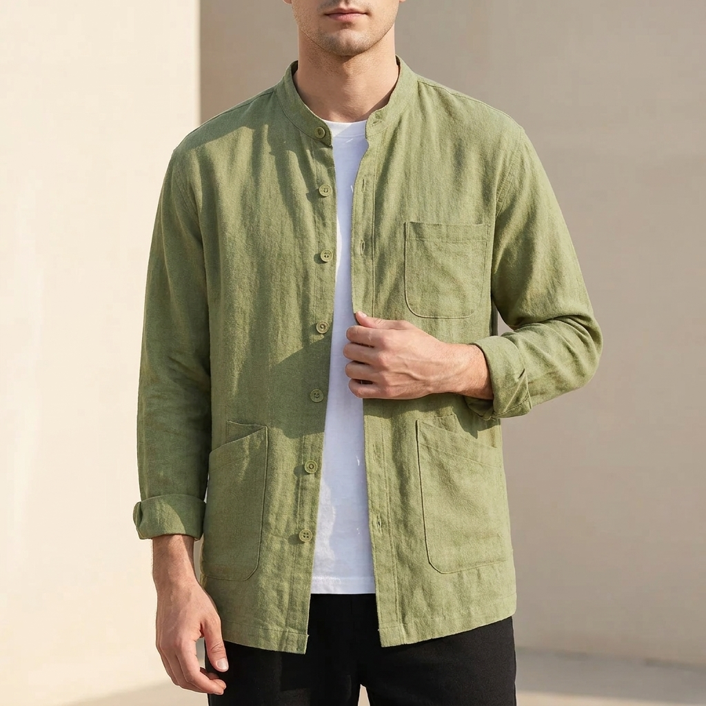 Relaxed Fit Shirt with Band Collar and Patch Pockets
