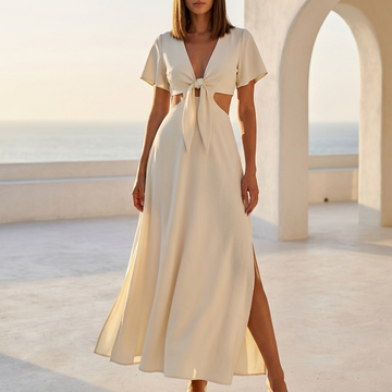 Flowing Maxi Dress with Deep V-Neck, Waist Cut-Outs, and Side Slit