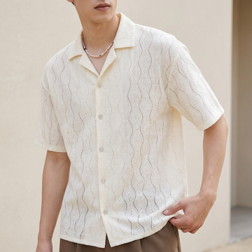 Relaxed Fit Cuban Collar Short-Sleeve Shirt with Wavy Openwork Detailing