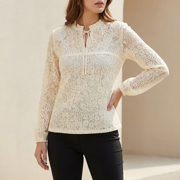 Fitted Sheer Lace Blouse with Ruffled Tie-Neck and Floral Detailing