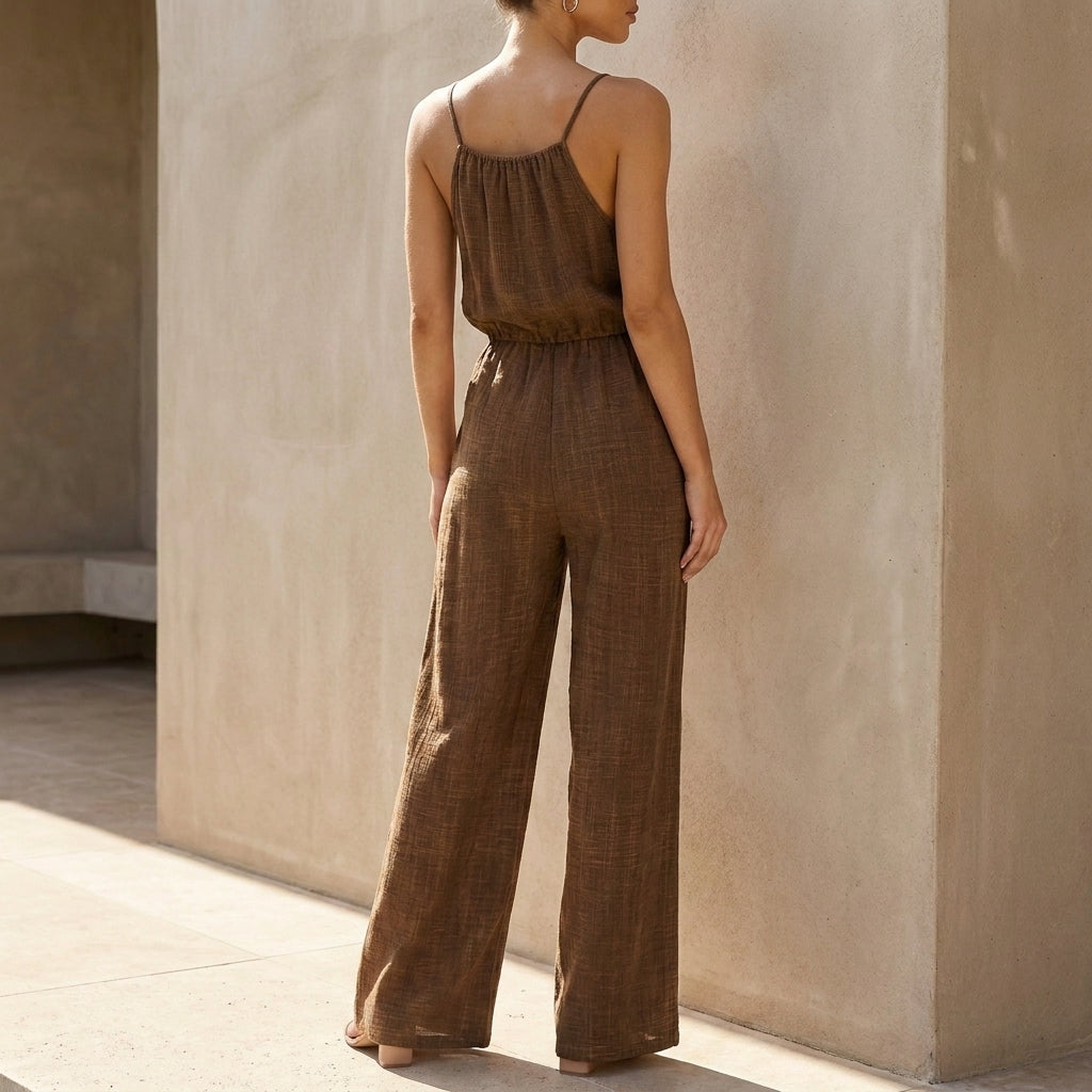 Sophisticated Wide-Leg Jumpsuit with Gathered Neck and Drawstring Waist