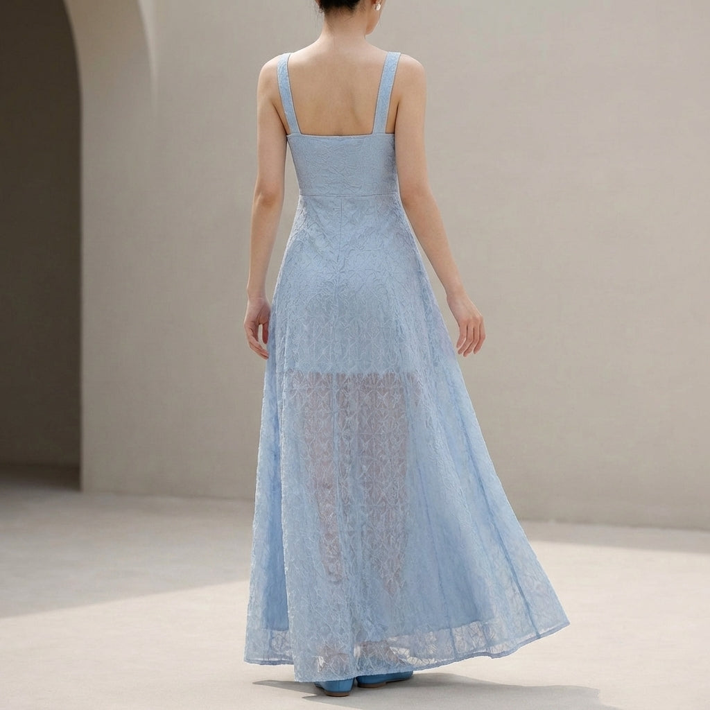 Elegant Jacquard Evening Maxi Dress with Sheer A-Line Skirt
