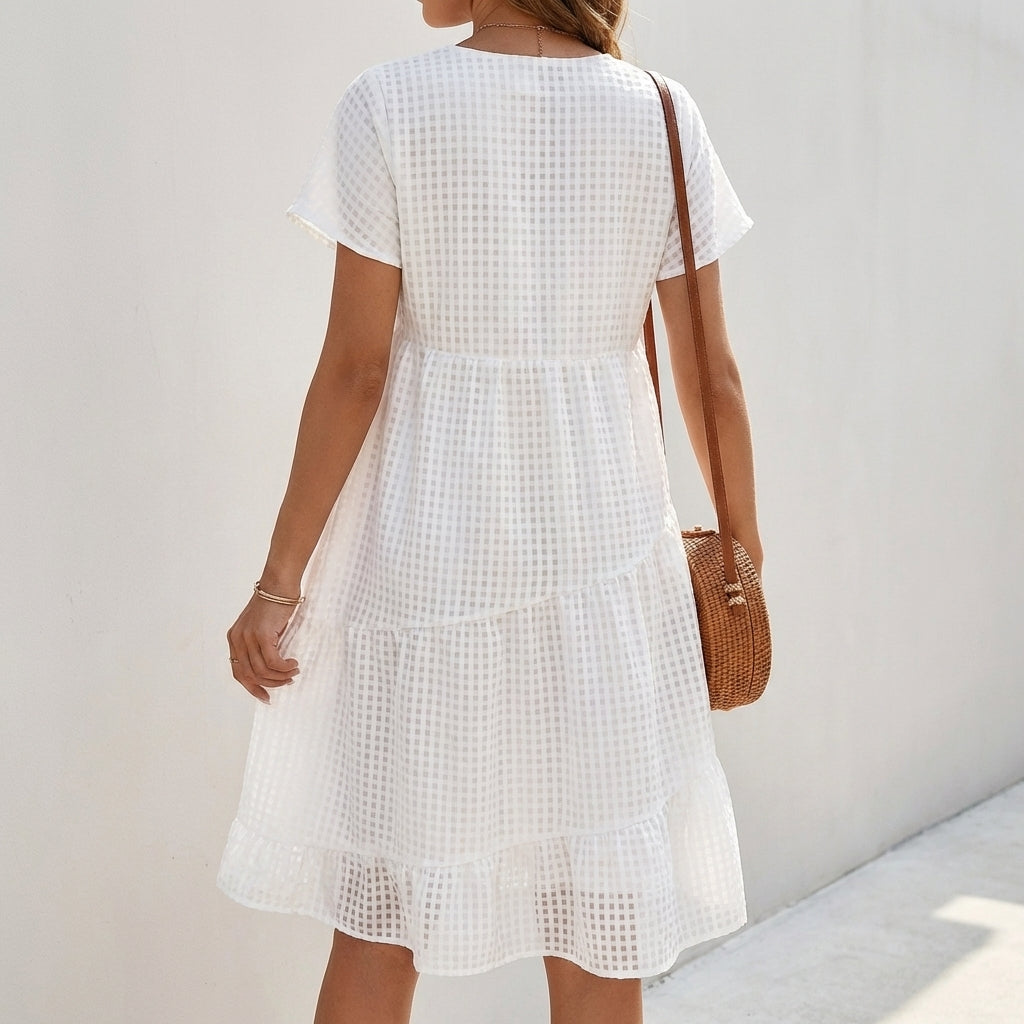 Flowing Sheer Tiered Mini Dress with V-Neck and Ruffled Hem