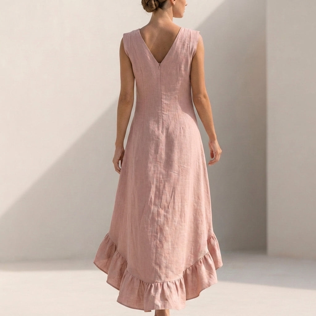 Flowing Sleeveless V-Neck Midi Dress with Ruffled High-Low Hem