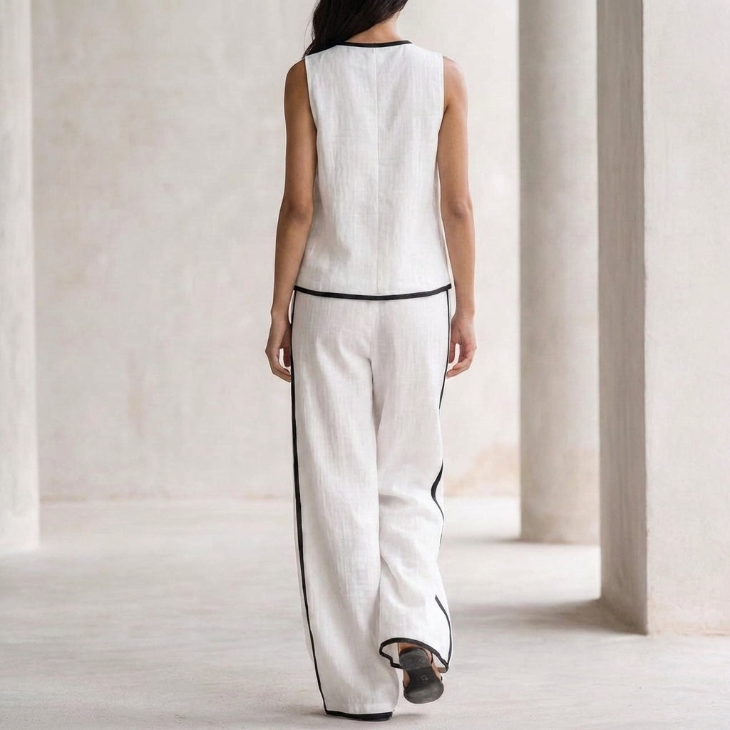 Sleeveless Notched V-Neck Top and Wide-Leg Pants Set with Trim Details