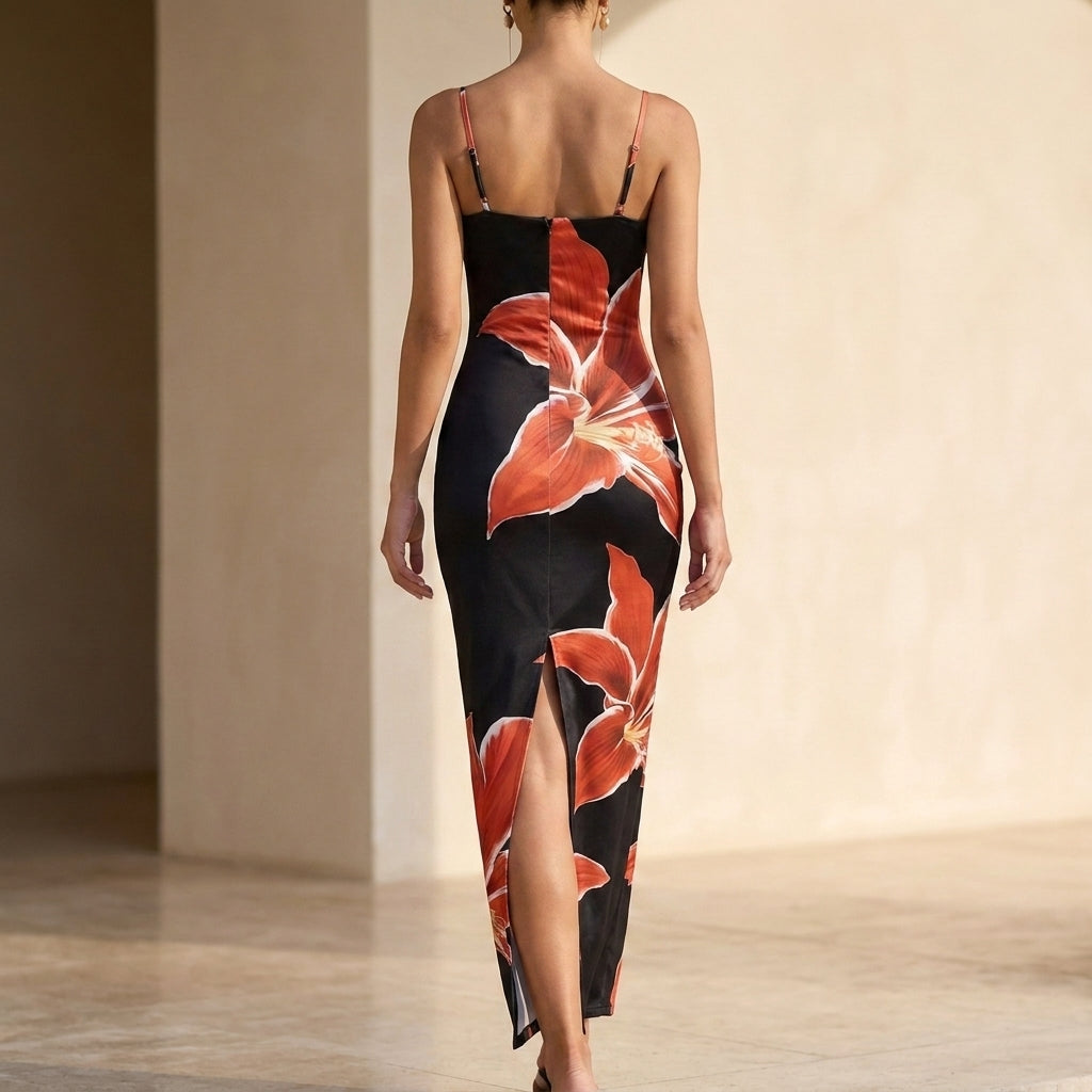 Sophisticated Knit Bodycon Maxi Dress with Spaghetti Straps and Floral Elegance