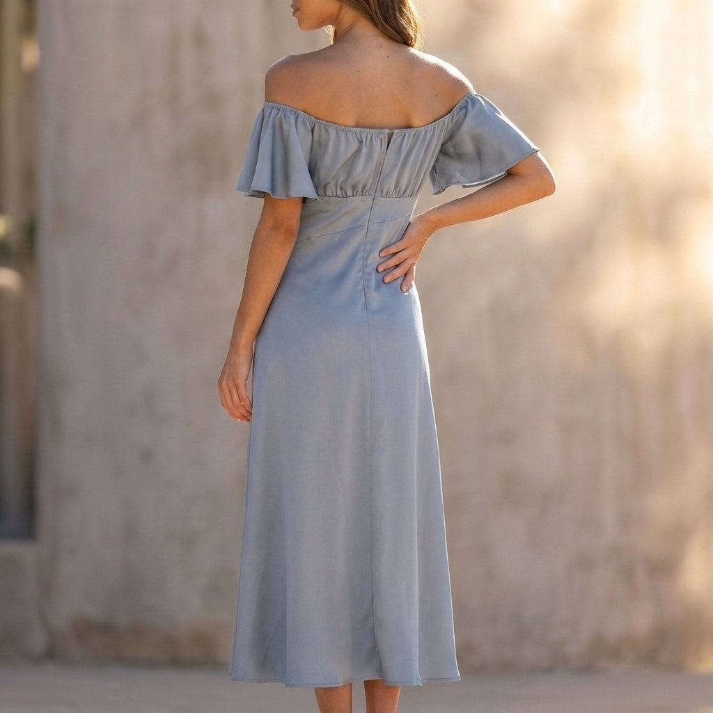 Off-the-Shoulder Midi Dress with Ruched Bodice and Side Slit