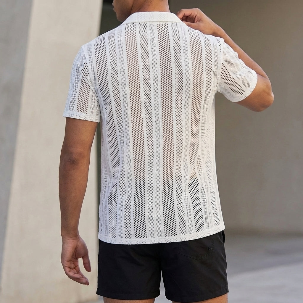 Sophisticated Relaxed Collared Mesh Shirt with Vertical Striped Texture