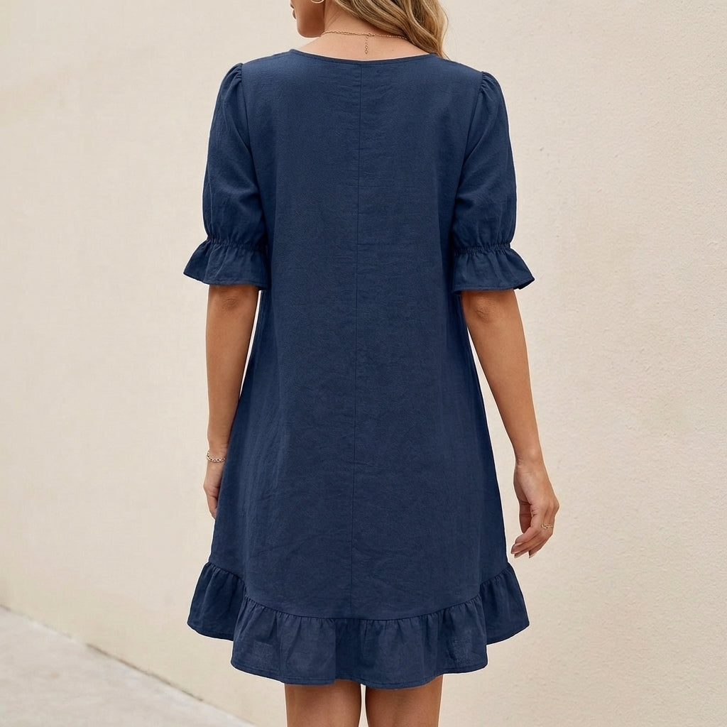 Relaxed Mini Dress with Puff Sleeves and Ruffle Hem