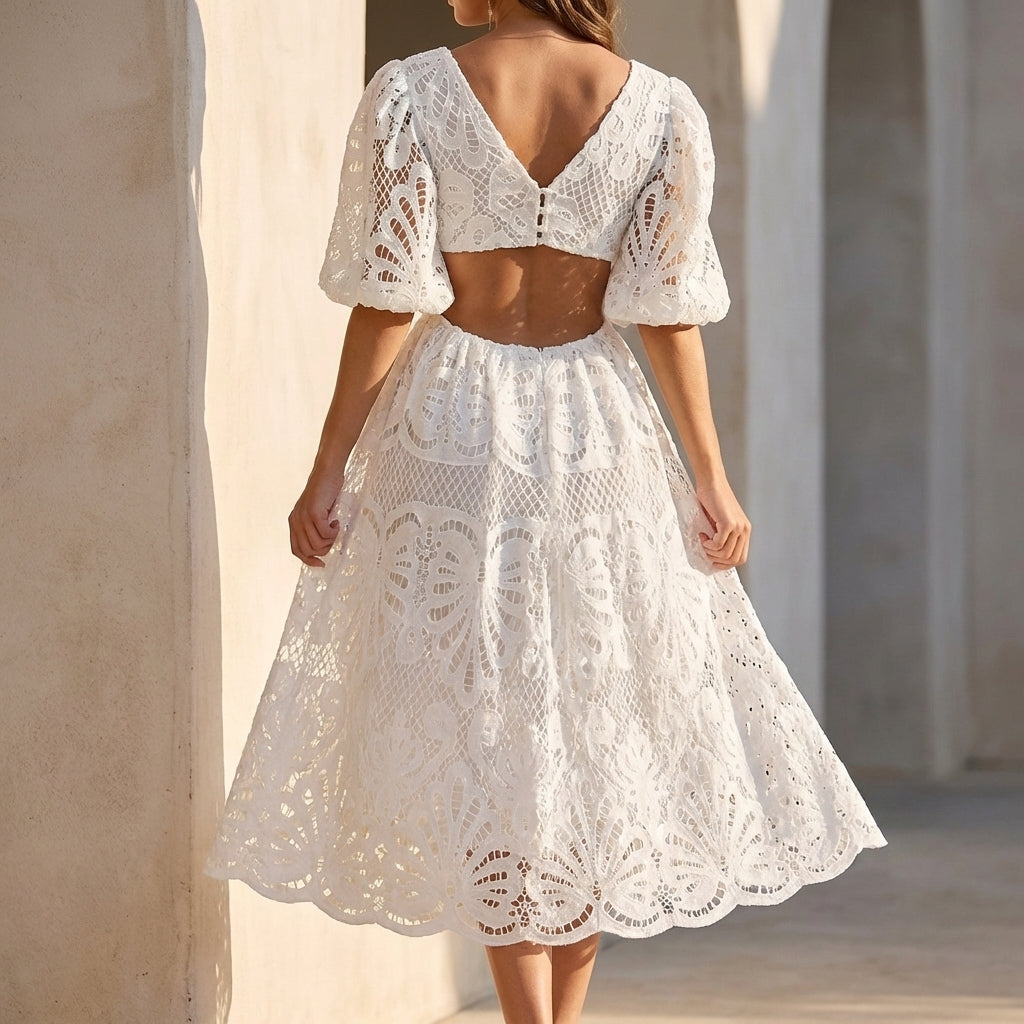 Embroidered Lace A-Line Midi Dress with Puff Sleeves and Cut-Out Waist