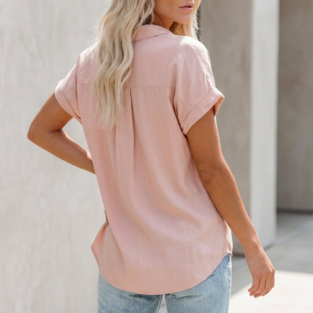 Relaxed Collared Button-Up Blouse with Cuffed Sleeves and Pocket