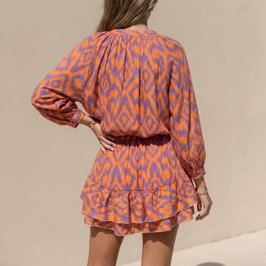 Flowing Tiered Shirtdress with Bishop Sleeves and Shirred Waist