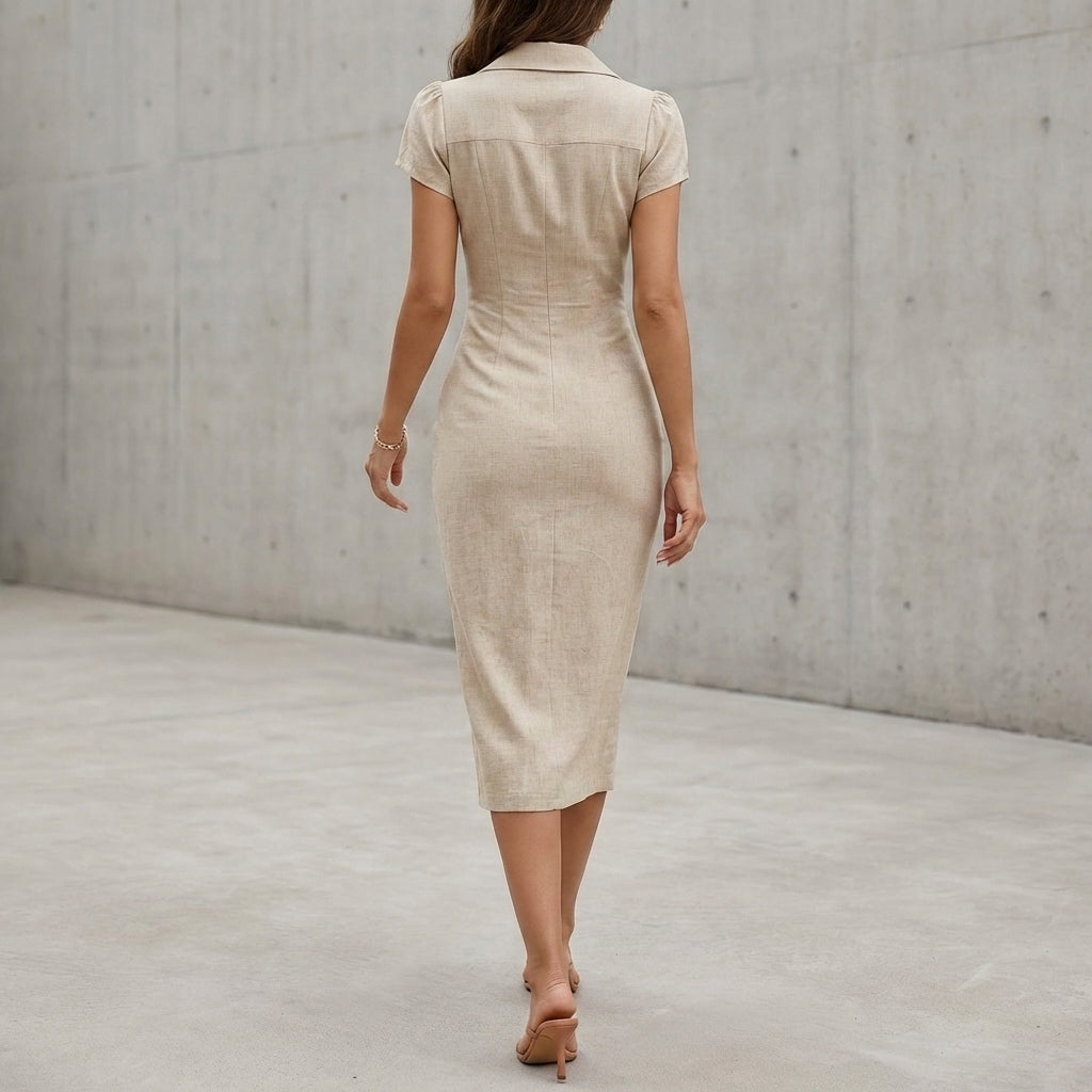 Fitted Collared Midi Shirtdress with Ruched Silhouette
