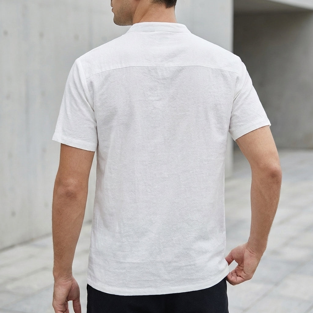 Relaxed Band-Collar Henley Shirt with Rolled Cuffs