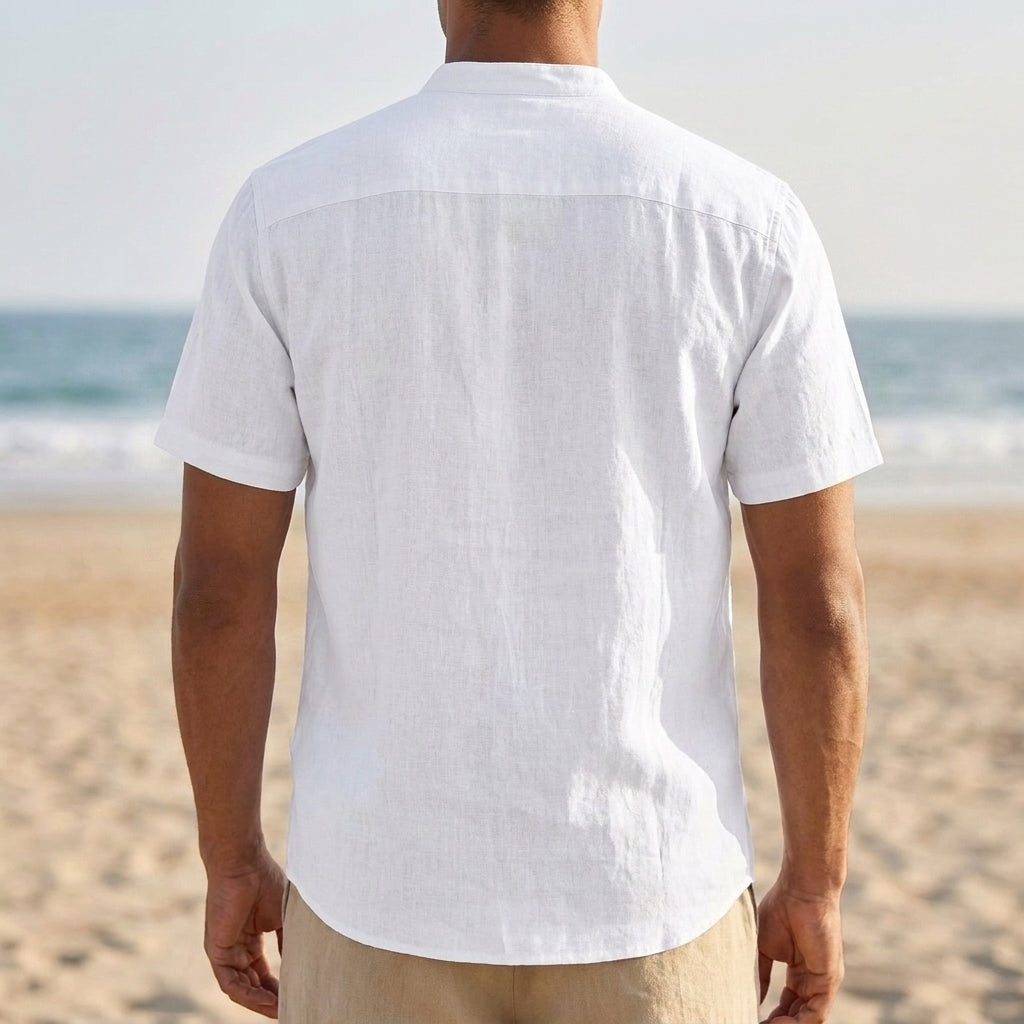Men’s Relaxed Henley Shirt with Stand Collar and Chest Pocket