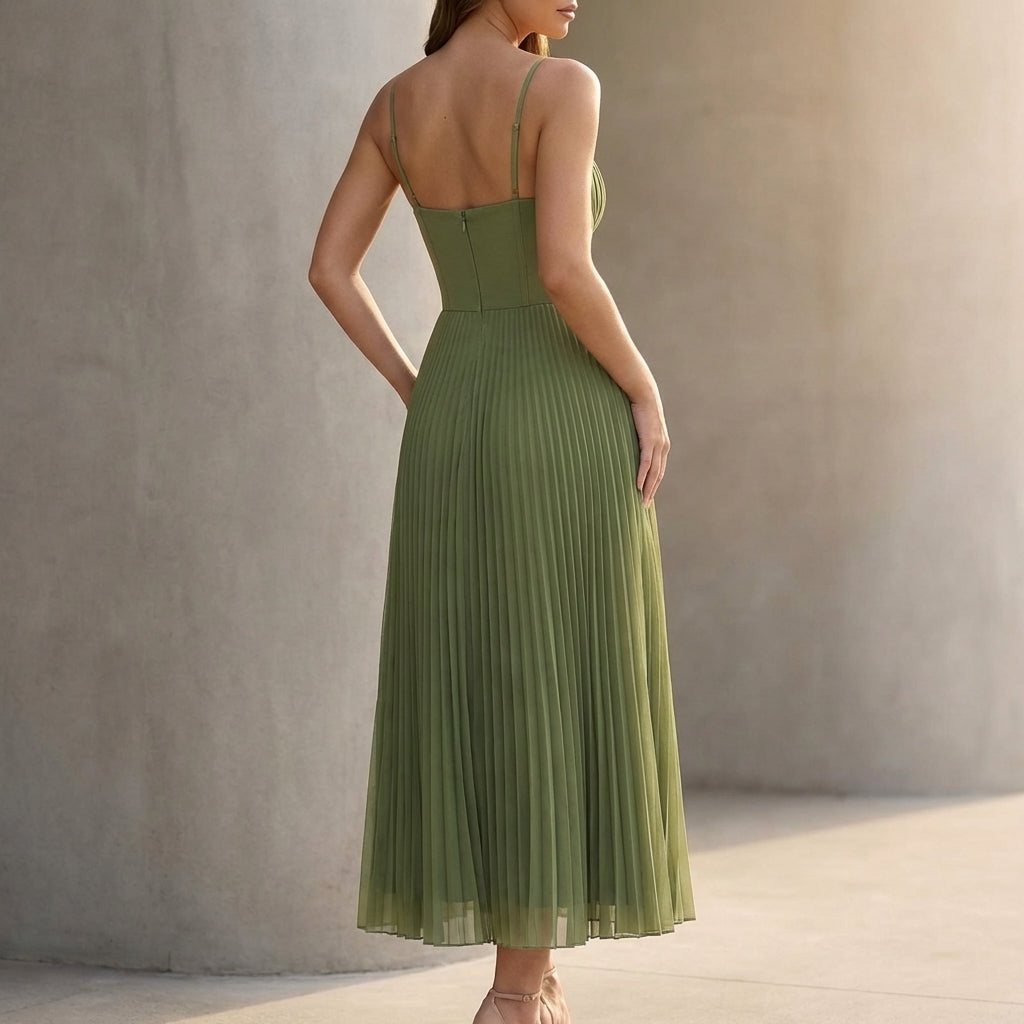 Elegant Pleated Tulle Bustier Midi Dress with Flared Asymmetrical Hem