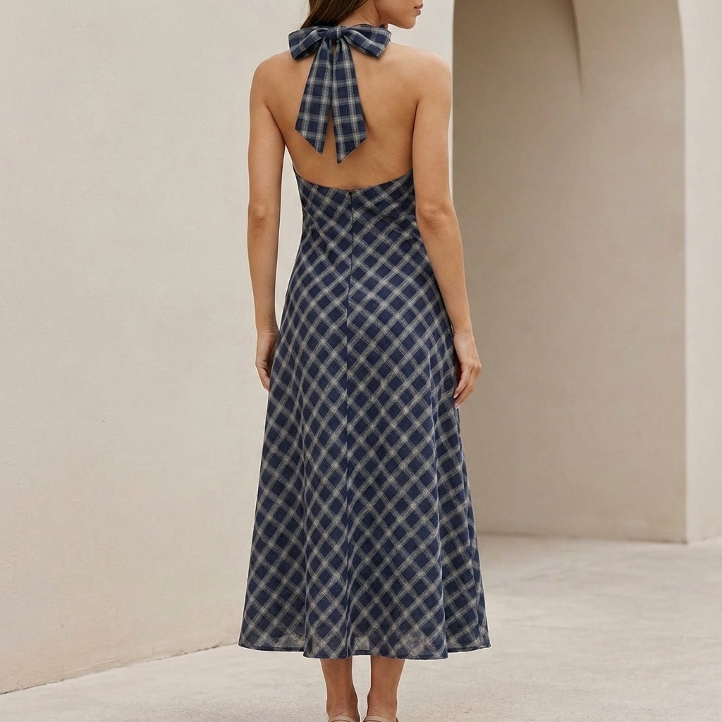 Flowing Halter V-Neck Maxi Dress with Flared Plaid Silhouette