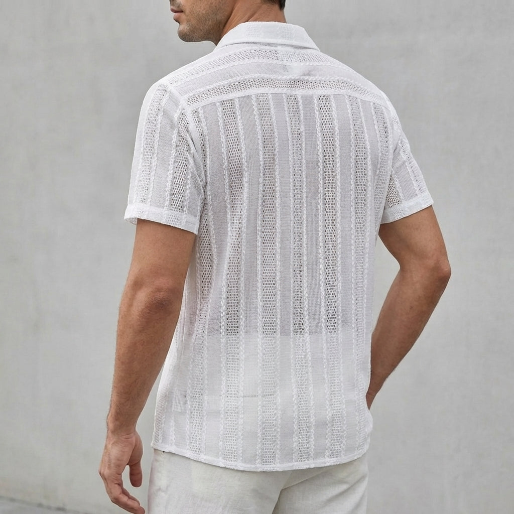 Relaxed Fit Translucent Knit Polo Collar Striped Short Sleeve Shirt