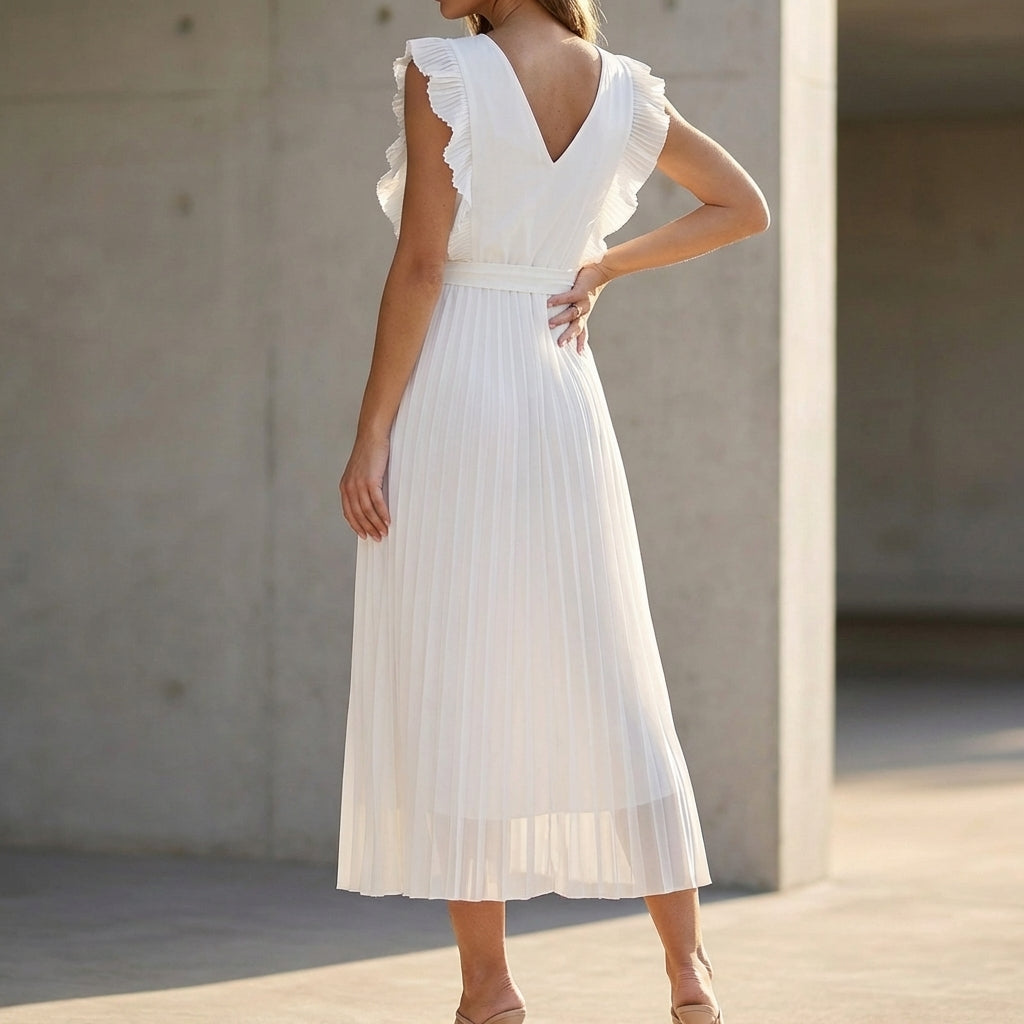 Elegant Chiffon Pleated Midi Dress with Wrap Bodice and Ruffle Detail