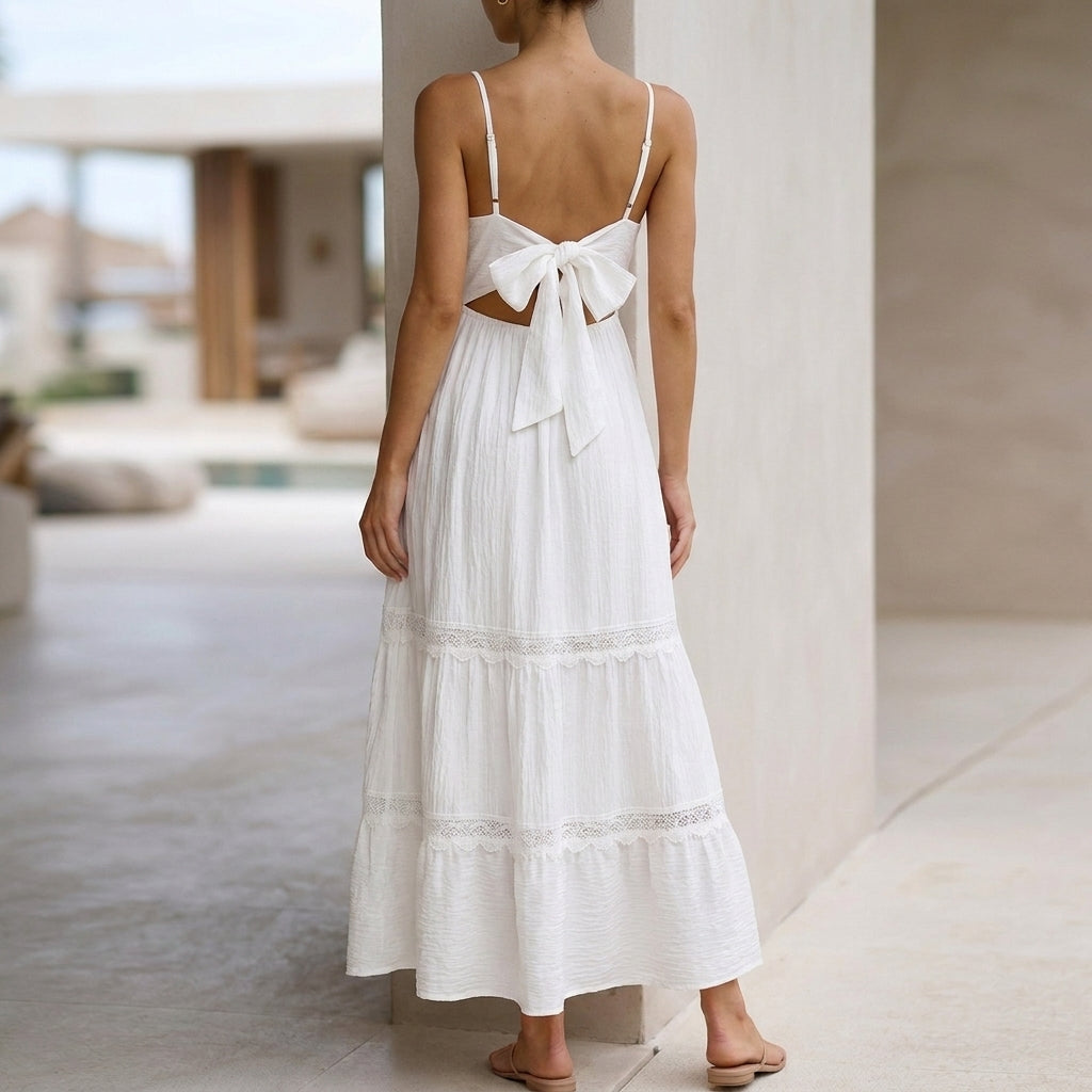 Flowing Tiered Maxi Dress with Ruched Bodice and Scalloped Lace Trim