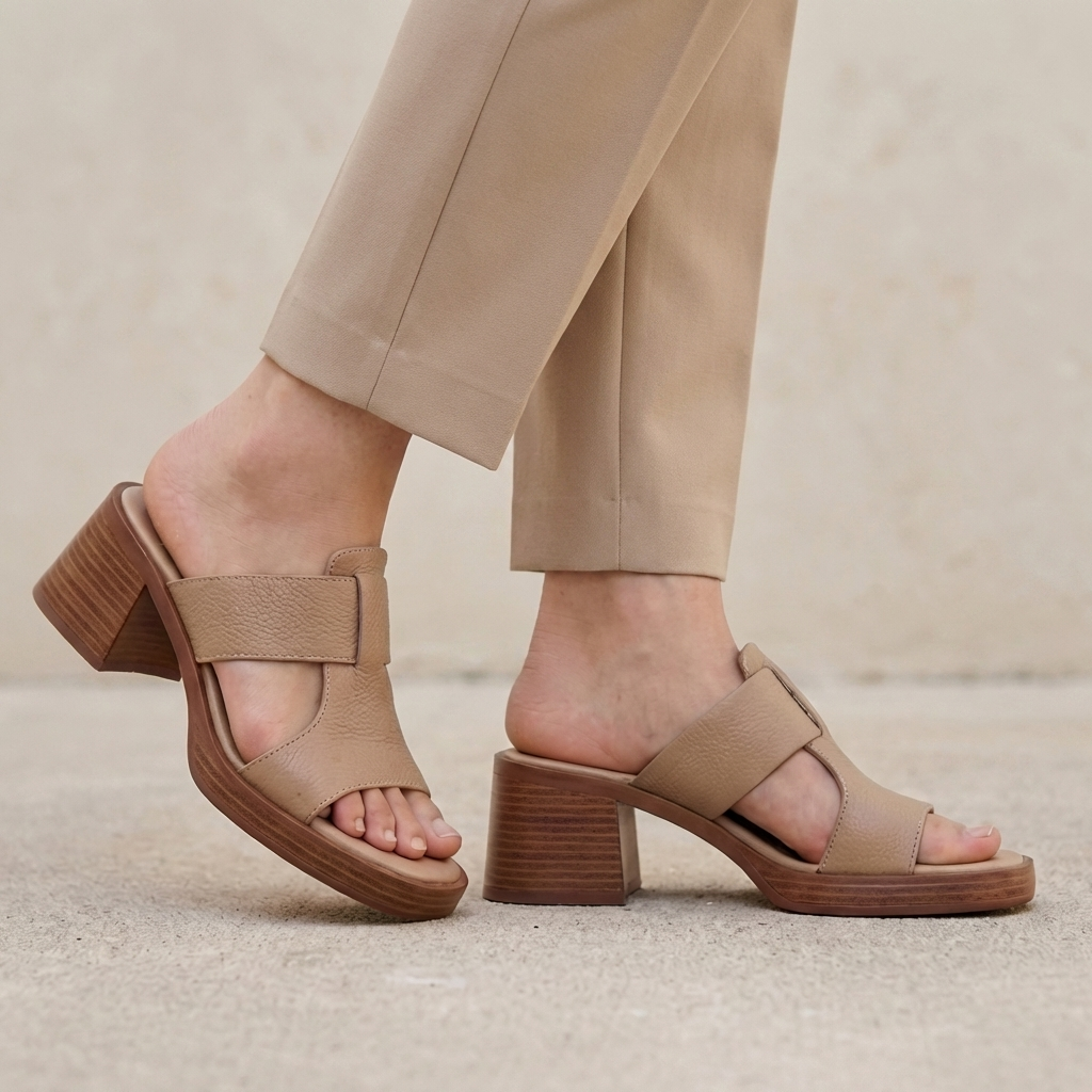Sculptural Cutout Slide Sandals with Block Heel and Platform Sole
