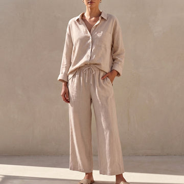 Two-Piece Button-Up Shirt and Wide-Leg Drawstring Pants Set
