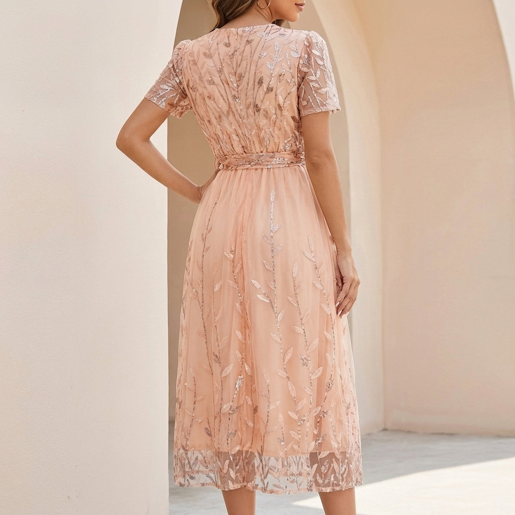 Embroidered Leaf Mesh Wrap Midi Dress with Sequin Embellishment