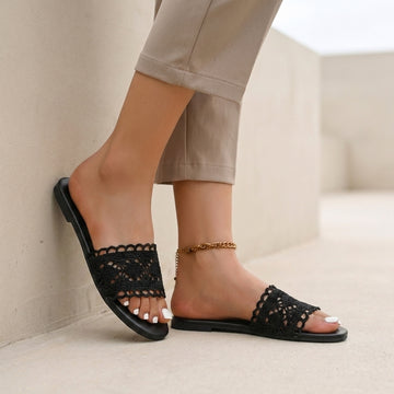 Knit Crochet Openwork Slide Sandals with Breezy Flat Sole