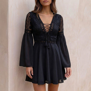 Embroidered Chiffon Mini Playsuit with Lace-Up Deep V and Flowing Sleeves