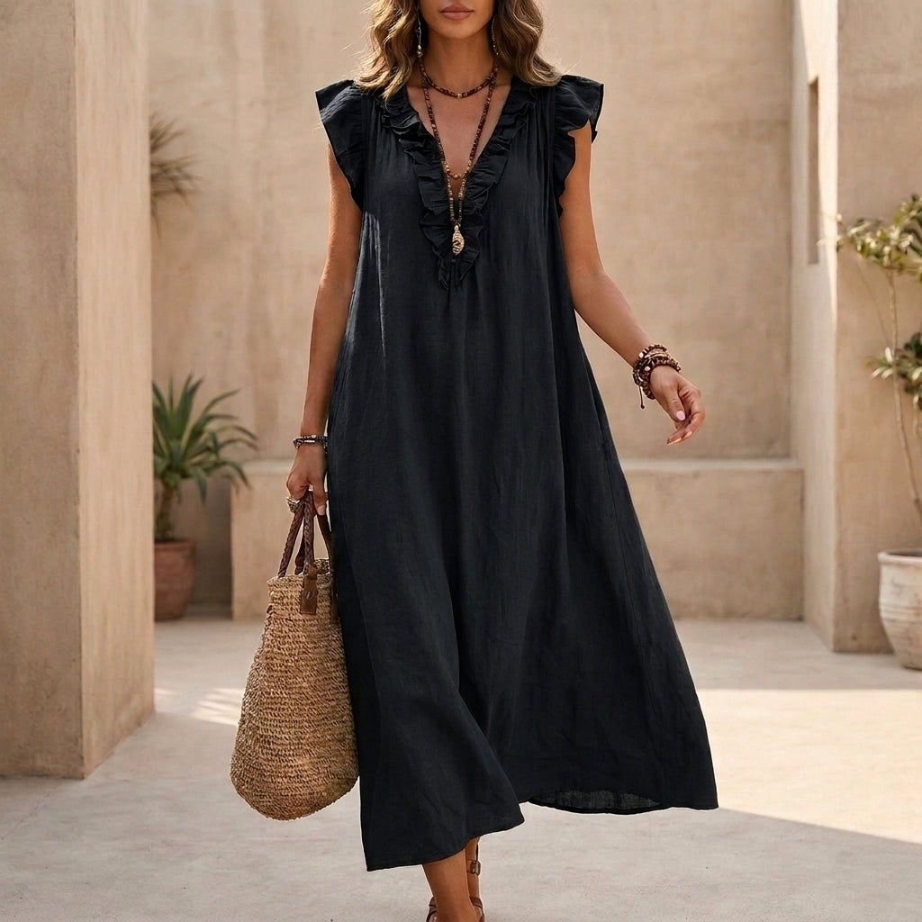 Relaxed Maxi Dress with Ruffled V-Neck and Button Front
