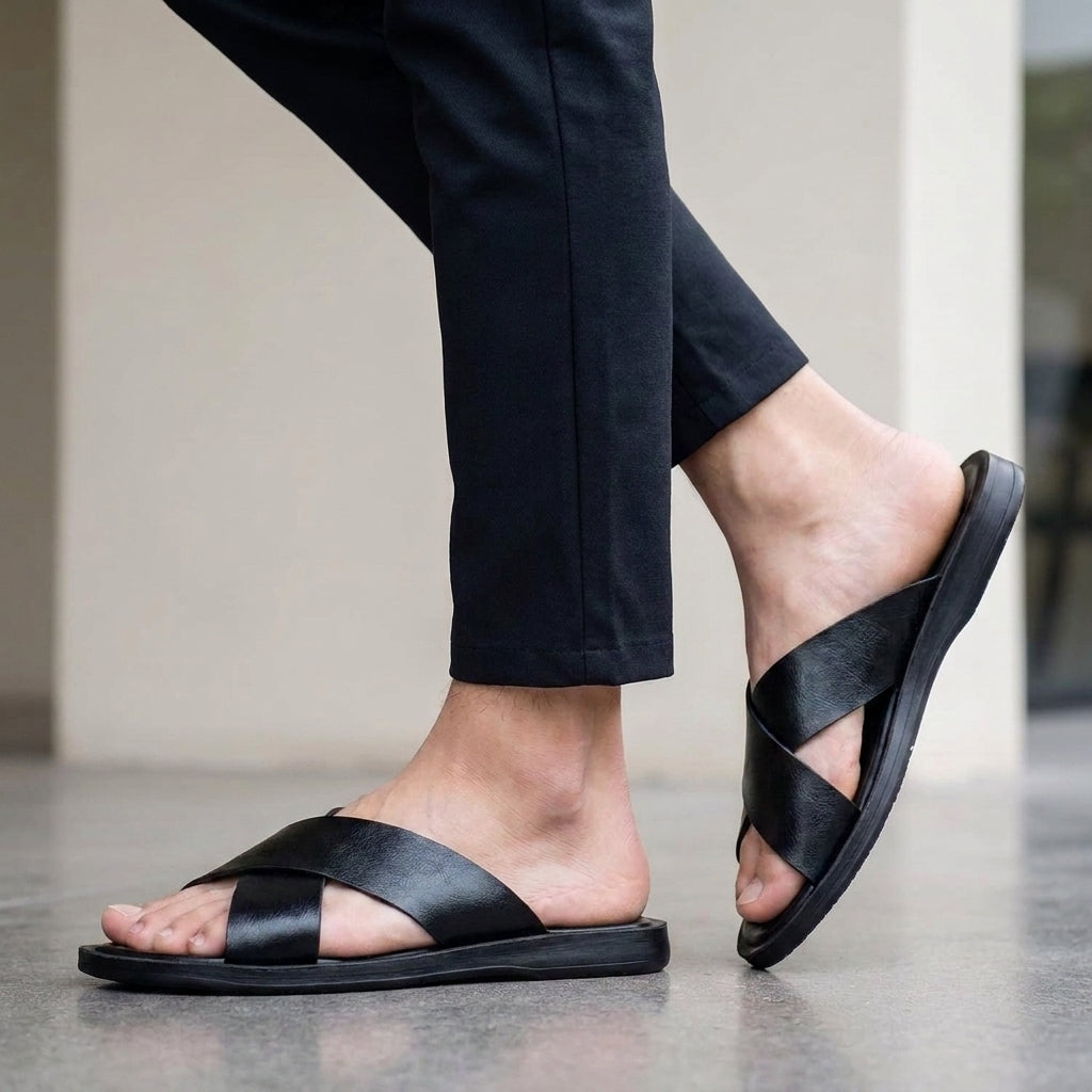 Criss-Cross Open-Toe Sliders with Contoured Comfort