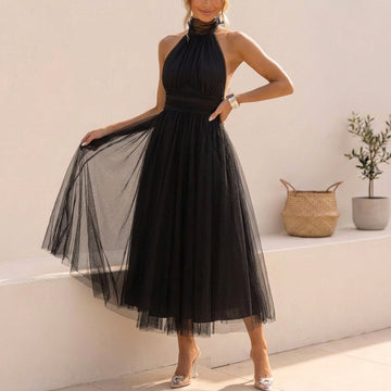 Ethereal Halter Neck Tulle Midi Dress - Effortless Romance for Summer Evenings