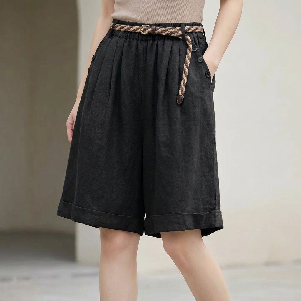 Relaxed Fit Shorts with Braided Belt and Turn-Up Cuffs