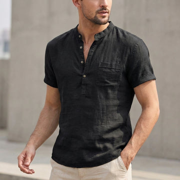 Men’s Relaxed Fit Henley with Stand Collar and Chest Pocket
