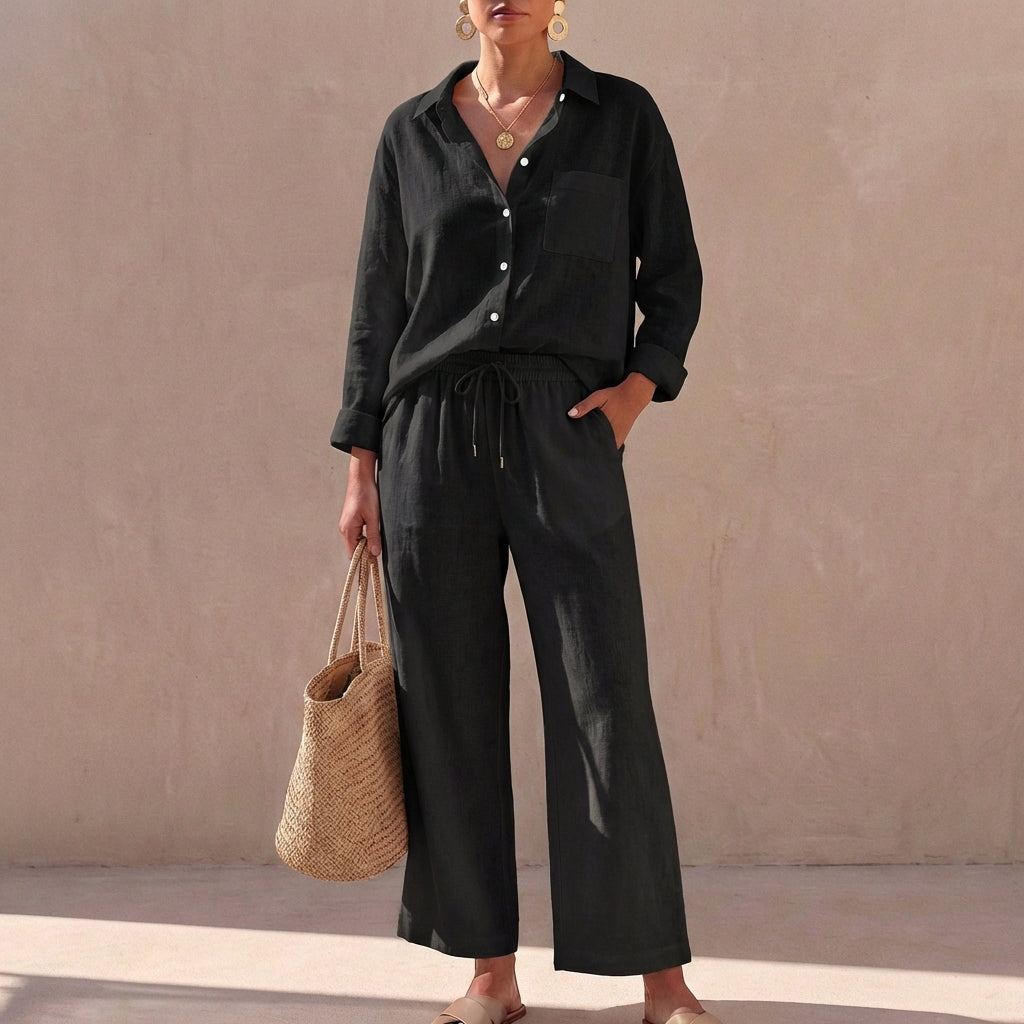 Two-Piece Button-Up Shirt and Wide-Leg Drawstring Pants Set