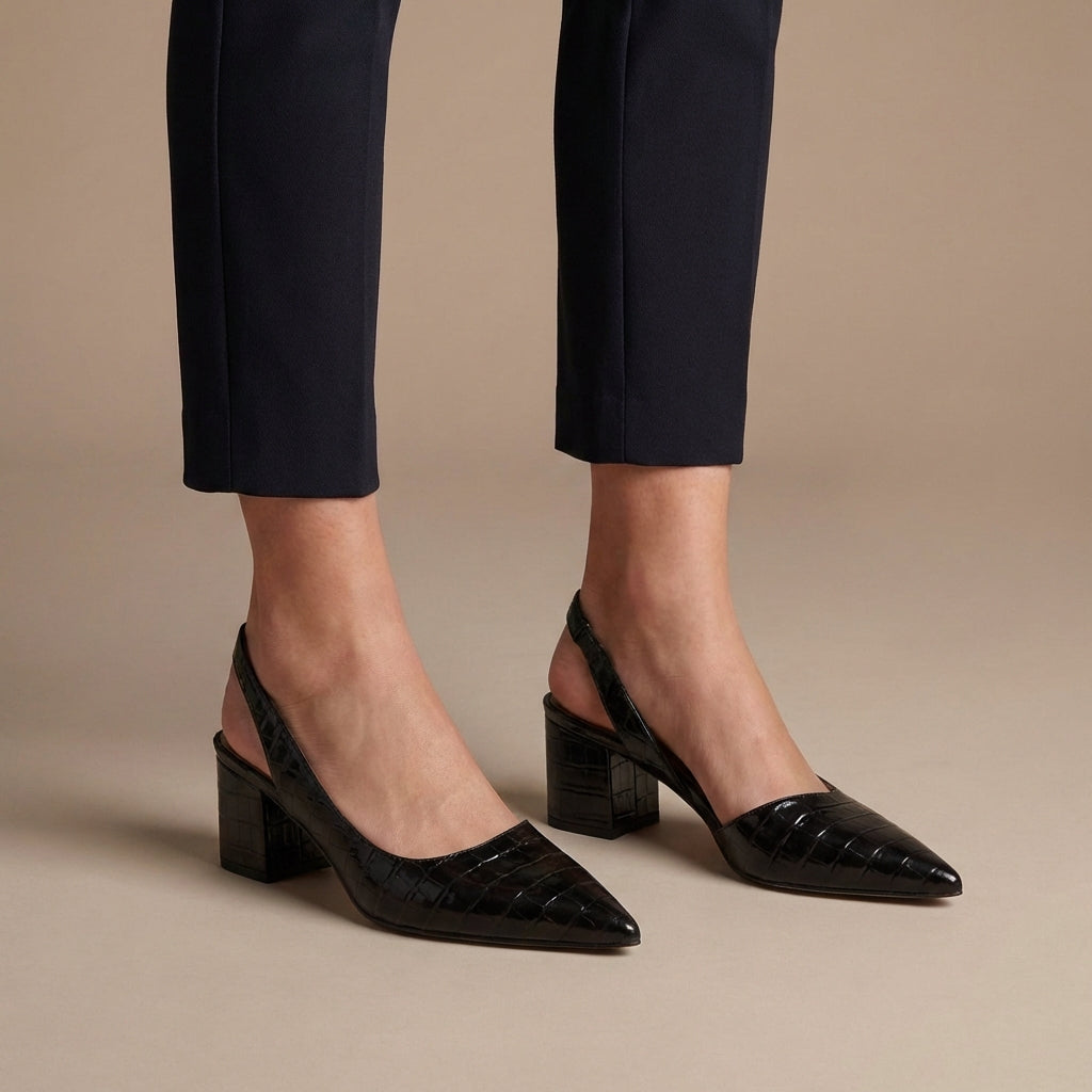 Embossed Croco Slingback Pumps with Pointed Toe and Block Heel