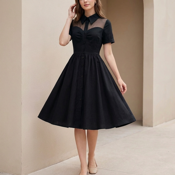 Tailored Fit-and-Flare Dress with Sheer Yoke and Button Front