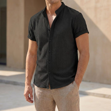 Men’s Relaxed Fit Band Collar Short Sleeve Button-Up Shirt
