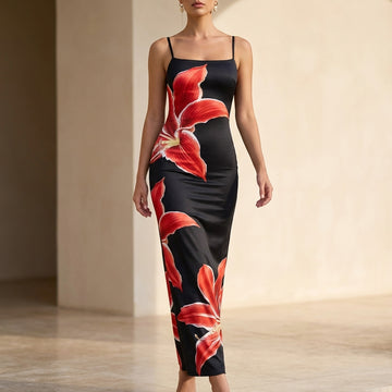 Sophisticated Knit Bodycon Maxi Dress with Spaghetti Straps and Floral Elegance
