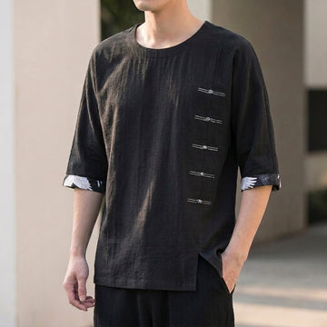 Men’s Relaxed Three-Quarter Sleeve T-Shirt with Artistic Accents