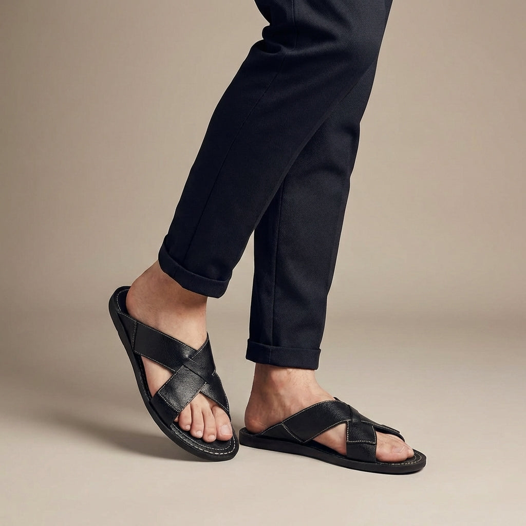 Relaxed Woven Slide Sandal with Topstitch Detailing