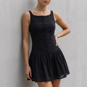 Fitted Square-Neck Sleeveless Mini Dress with Buttoned Bodice and Flared Hem