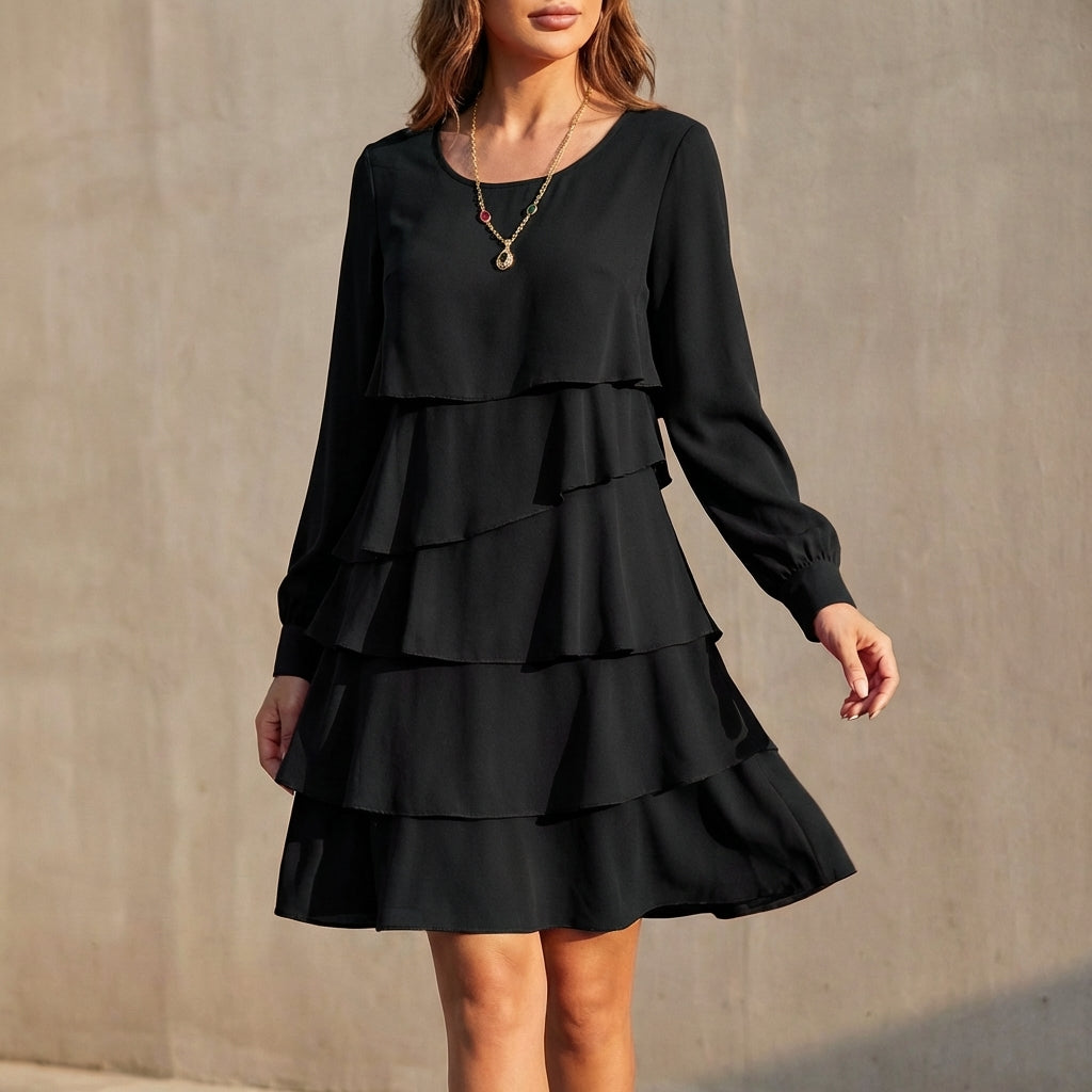 Flowing Tiered Chiffon Dress with Scoop Neck and Gathered Cuffs