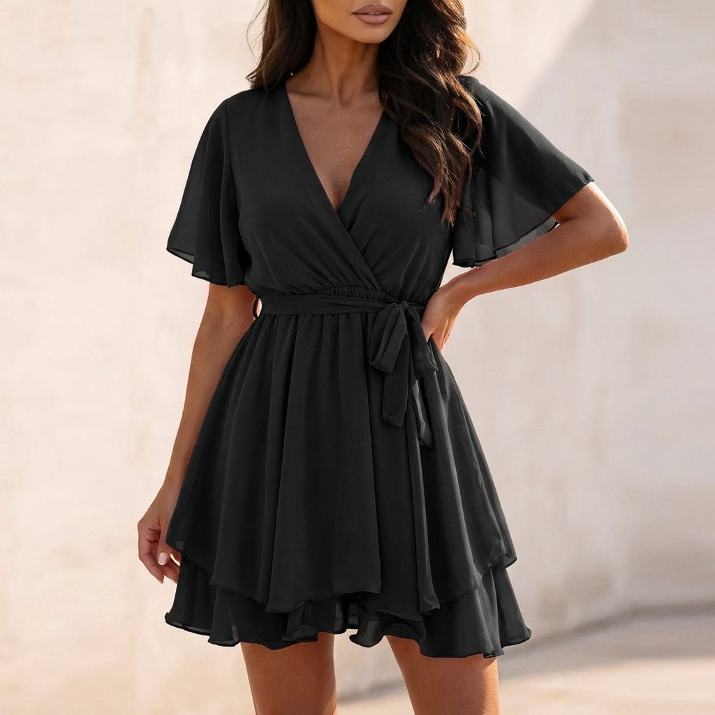 Elegant Flowing Chiffon Wrap A-Line Mini Dress with Flutter Sleeves
