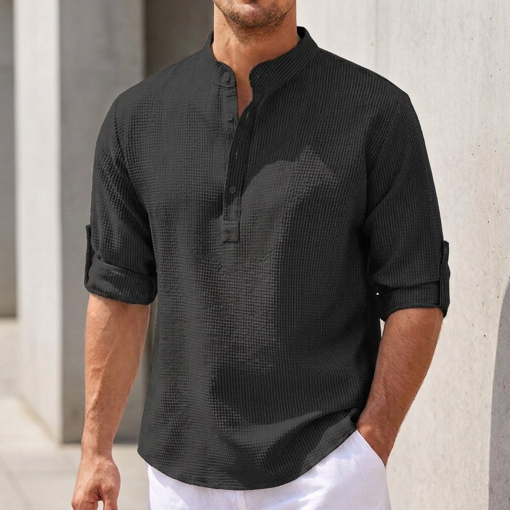 Men’s Relaxed Waffle Knit Henley Shirt with Band Collar and Roll-Tab Sleeves