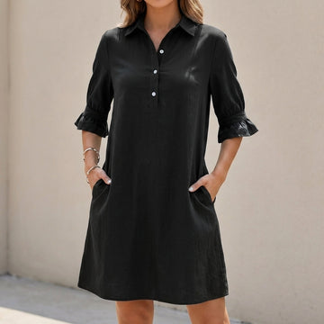 Relaxed Fit Collared Shirt Dress with 3/4 Sleeves and Textured Fabric